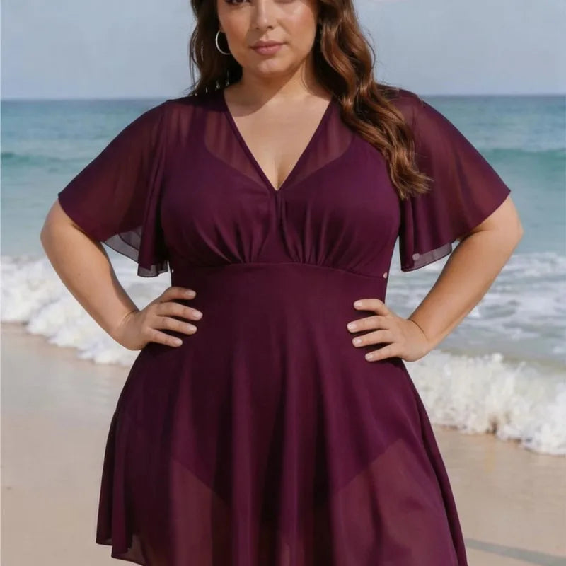 Women's Flutter Sleeve V Neck Skirted Swimdress Bathing Suit