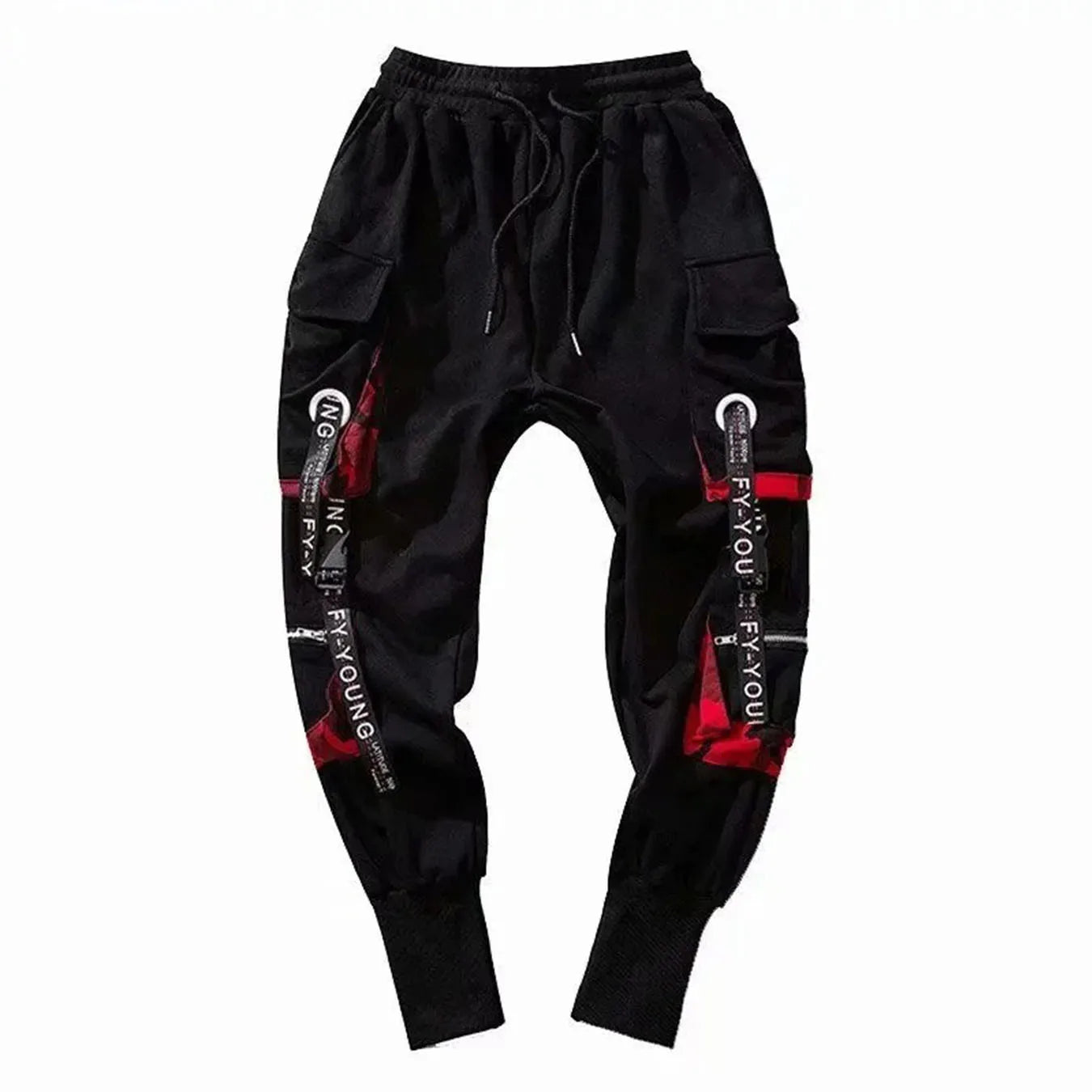 Women's Black Cargo Joggers with Printed Straps and Side Pockets
