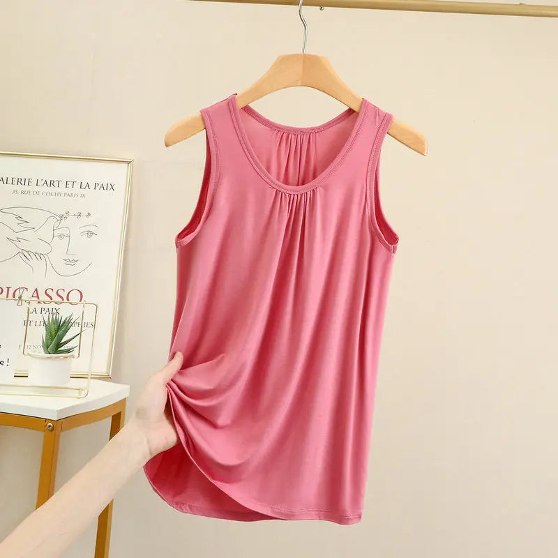 Women's Gathered Neck Polyester Modal Tank Top with Loose Sleeveless Fit