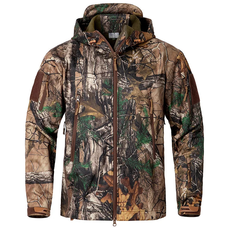 Silent Softshell Camouflage Hunting Jacket Men Waterproof Fleece Hooded Hunting Clothes Warm Outdoor Hiking Tactical Coat