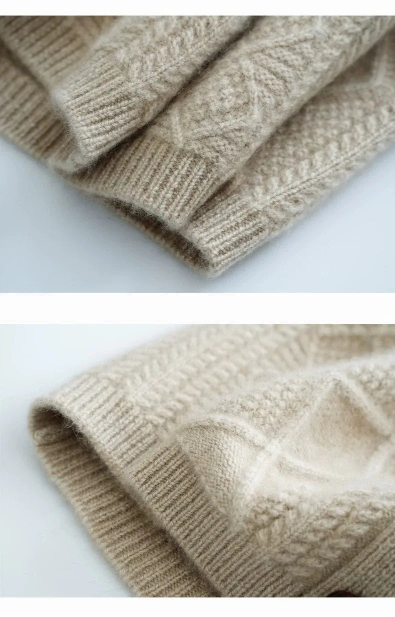 new autumn and winter cashmere twisted floral women's round neck cardigan sweater loose 100%wool