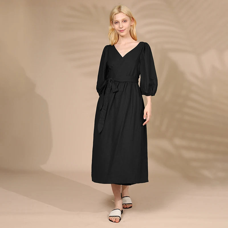 Women's Cotton-Linen V-Neck Puff-Sleeve A-Line Midi Dress with Waist Tie and Pockets