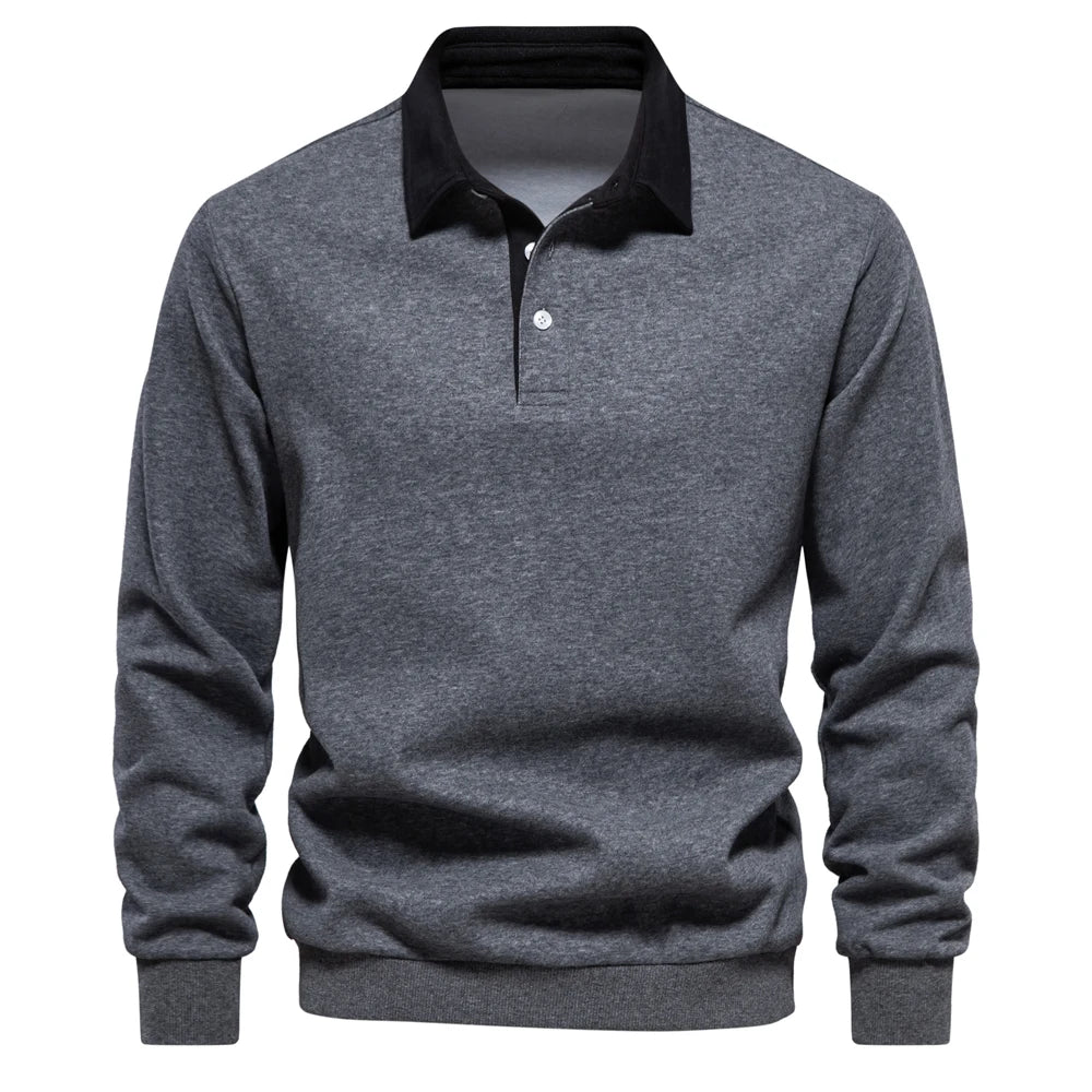 Men's Polo-Collar Long-Sleeve Button-Neck Sweatshirt