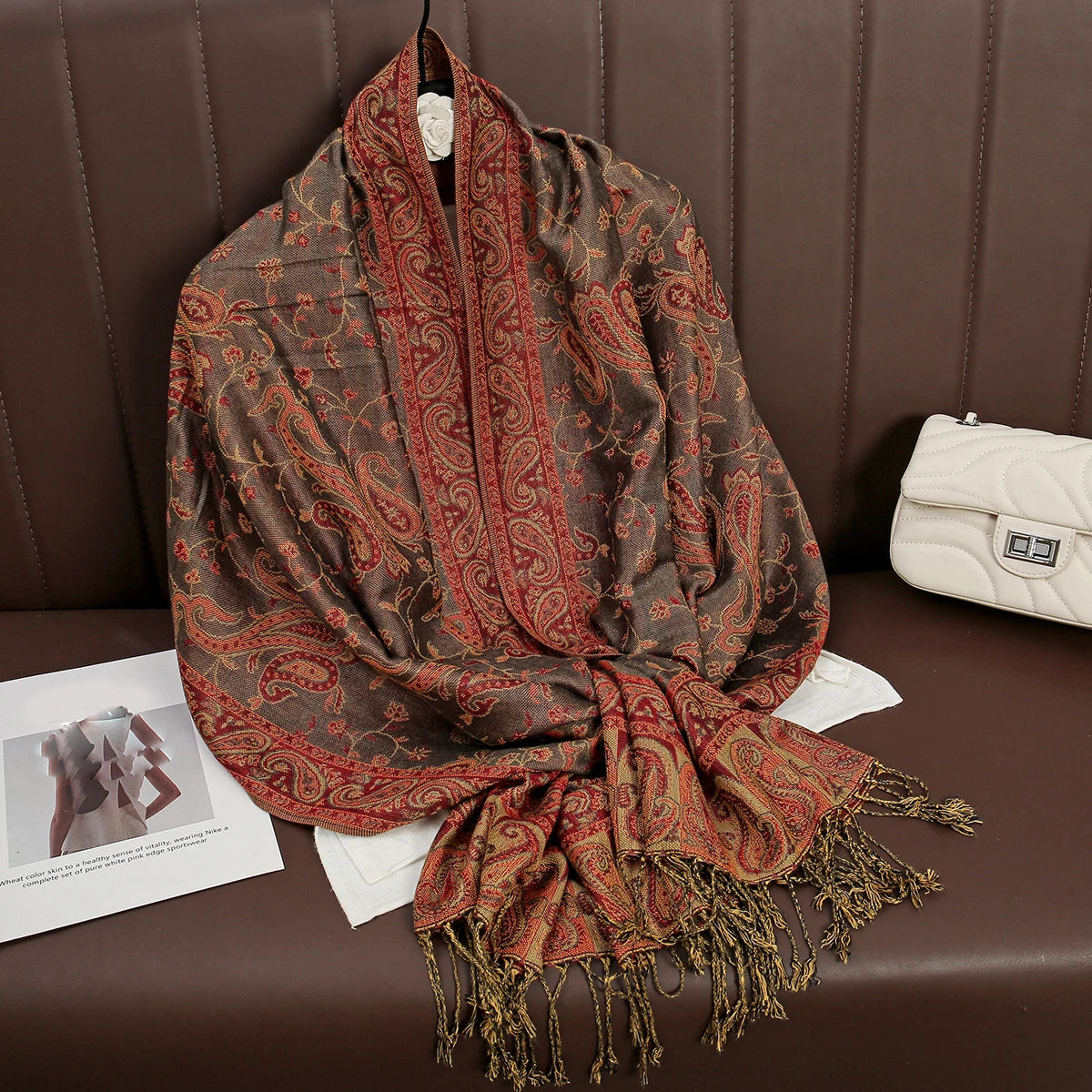 Paisley Floral Print Long Scarf with Fringed Ends