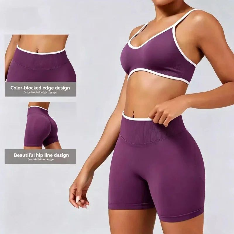 Women's Contrast Trim Bra And Shorts Yoga Set