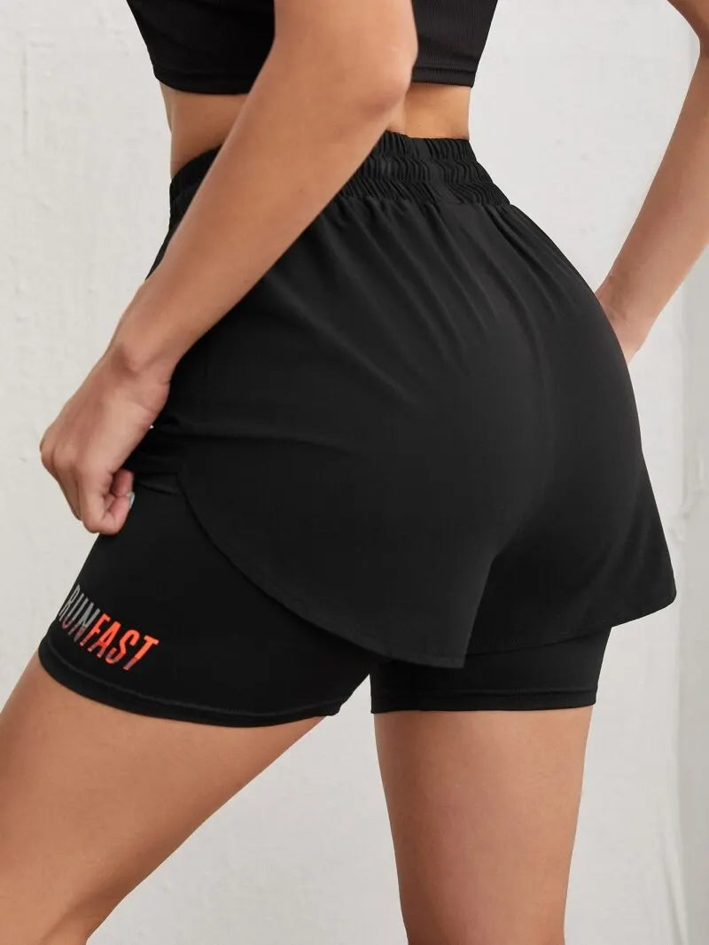 Women's Drawstring Double-Layer Running Shorts