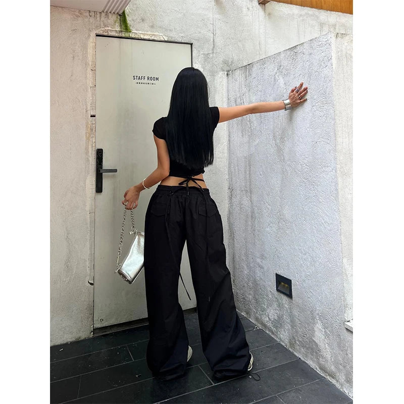 Women's Wide Leg Cargo Pants with Lace Up Waist Details