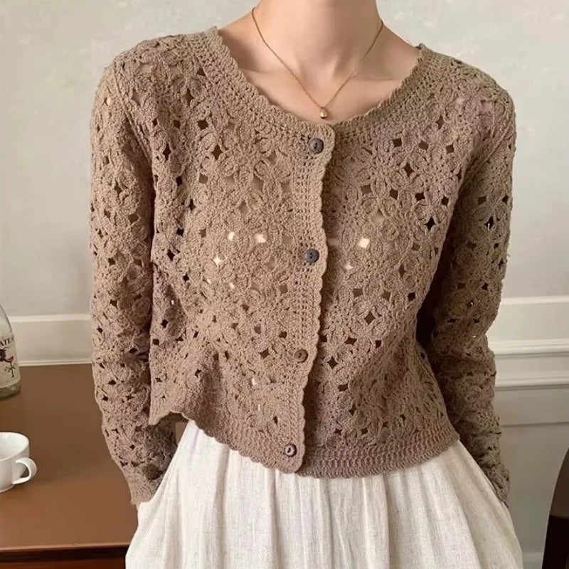 Women's Open Knit Cropped Button Front Cardigan Casual Knit Layer