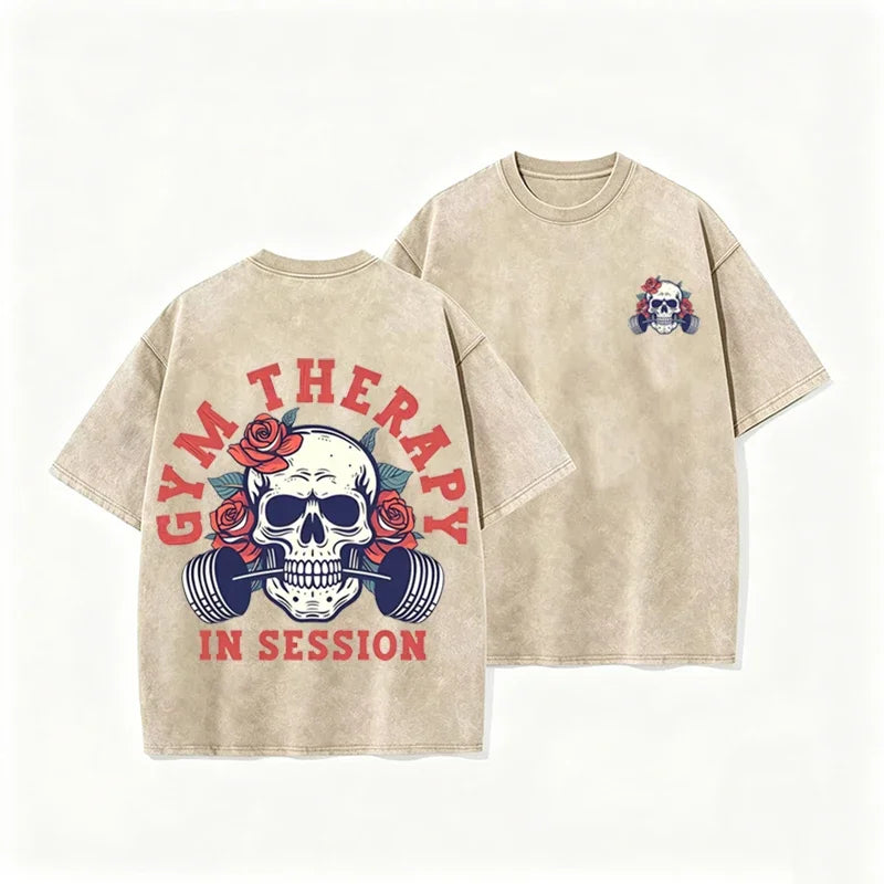 Gym Therapy In Session Skull Rose Print Vintage Washed Workout T Shirt