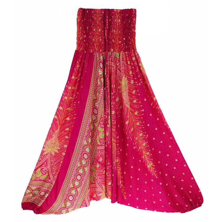 Women's Printed Nylon Harem Pants with Smocked Waist and Convertible Styling