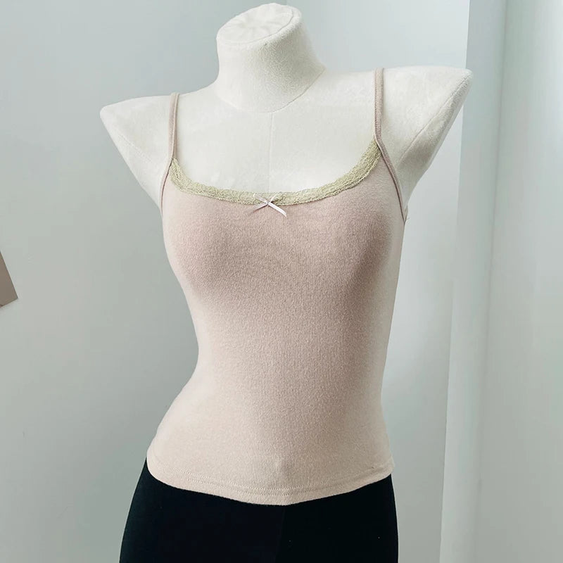 Women's Lace Trim Cotton Camisole with Bow Detail and Multiple Pattern Options