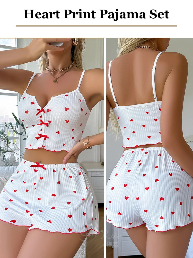 Women’s Heart-Print Sleeveless Cami and Shorts Pajama Set with Bows