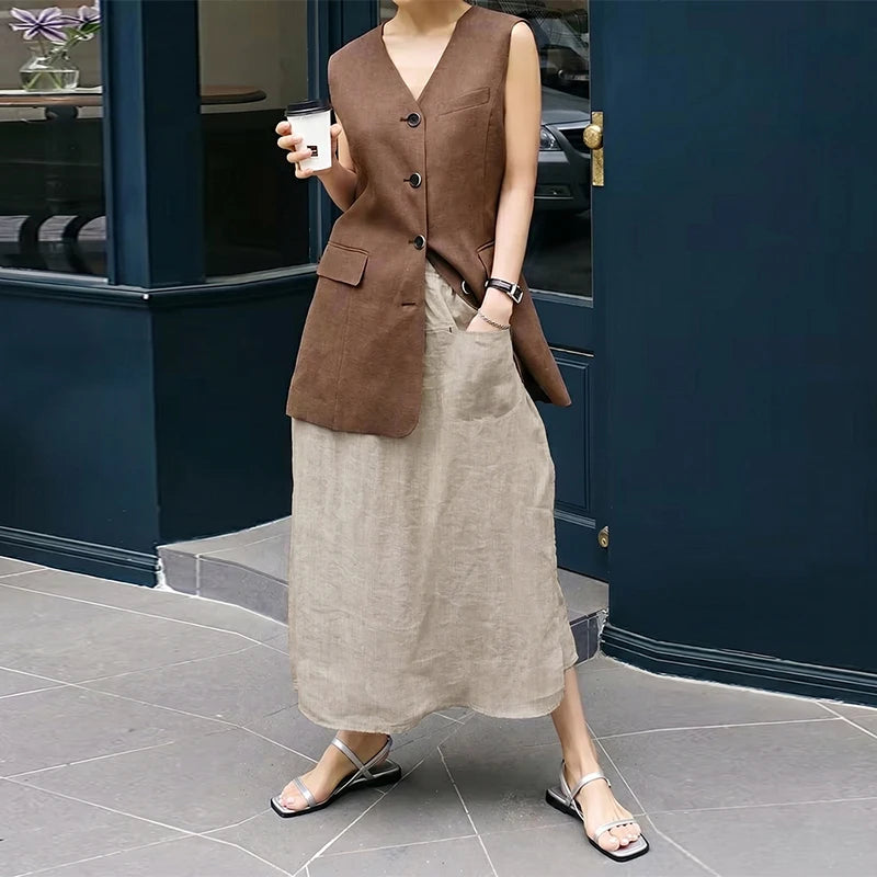 Women's Linen High-Rise Loose A-Line Midi Skirt with Pockets for Casual Outfits