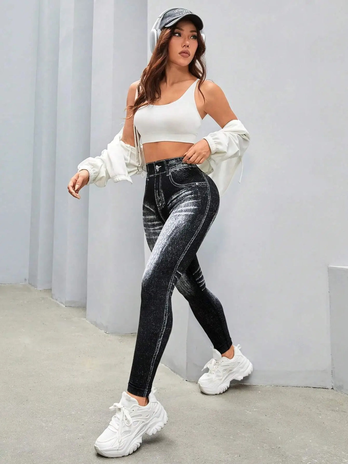 Women's Denim Look Full Length Leggings For Workout Outfits