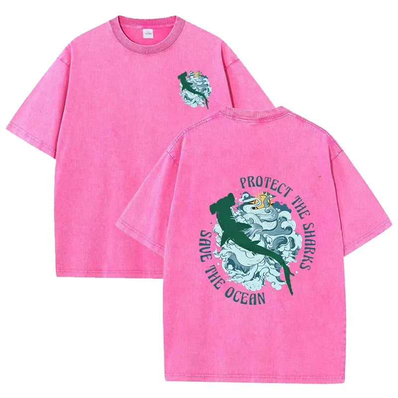 Distressed Vintage Washed Tee Double Print Shark Wave Protect Ocean Letter Loose Fit Short Sleeve T Shirts