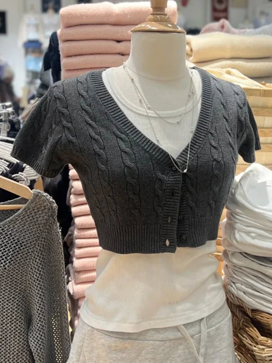 Women's Cropped V Neck Button Front Cardigan Casual Knit Layer