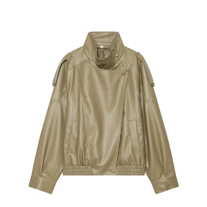Women's Stand Collar Faux Leather Jacket for Layered Outfits