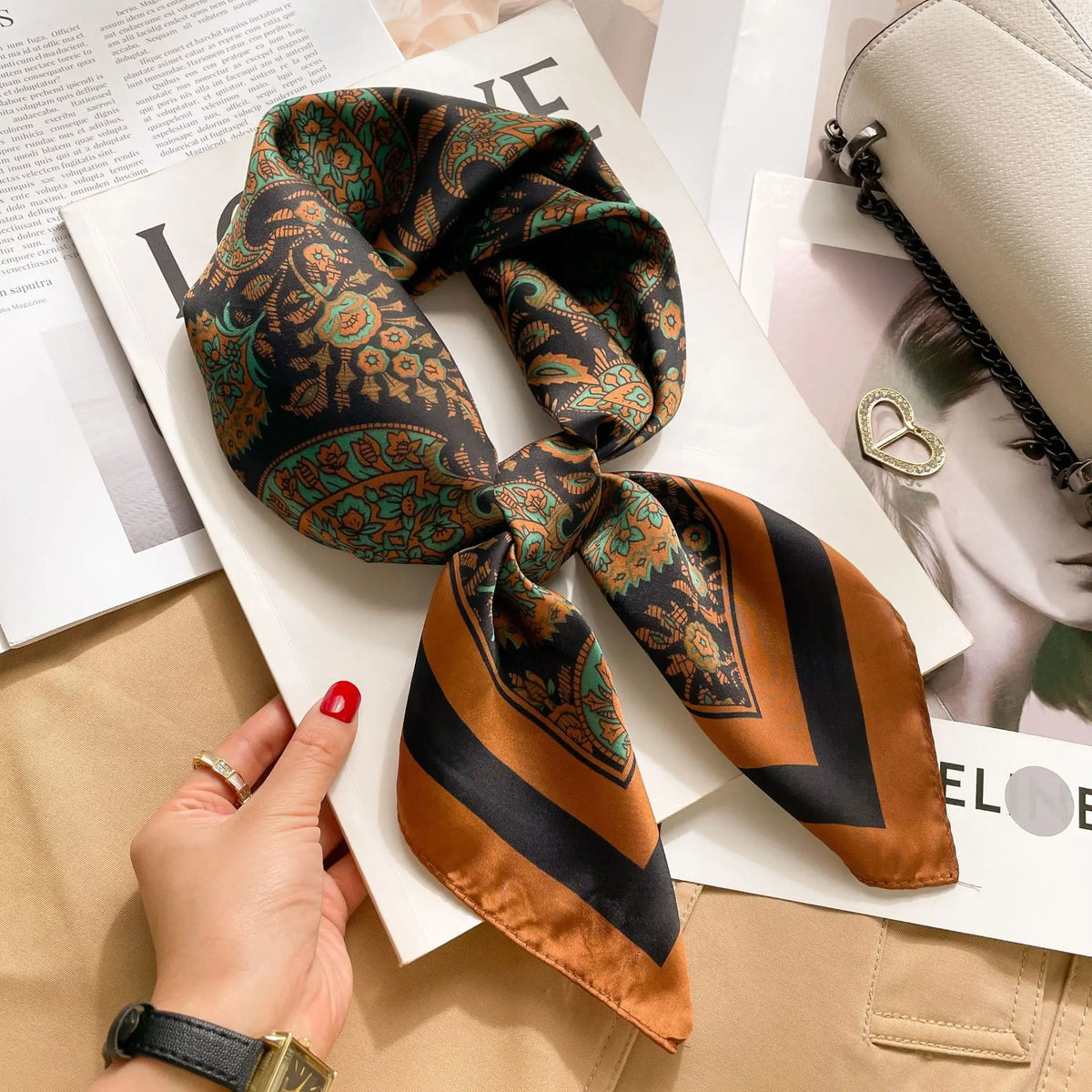 Ornate Print Square Scarf with Decorative Border Patterns