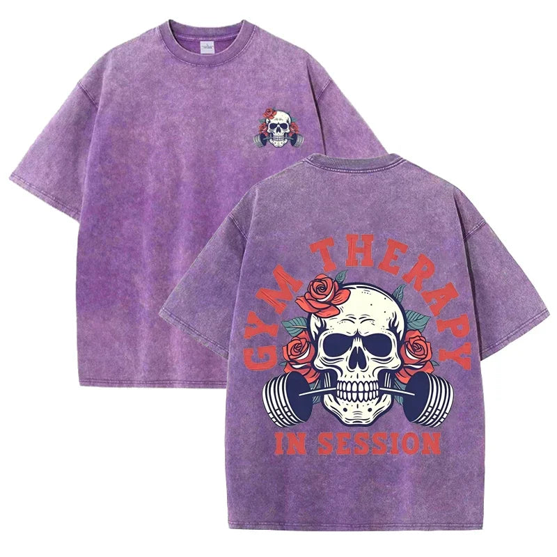 Gym Therapy In Session Skull Rose Print Vintage Washed Workout T Shirt