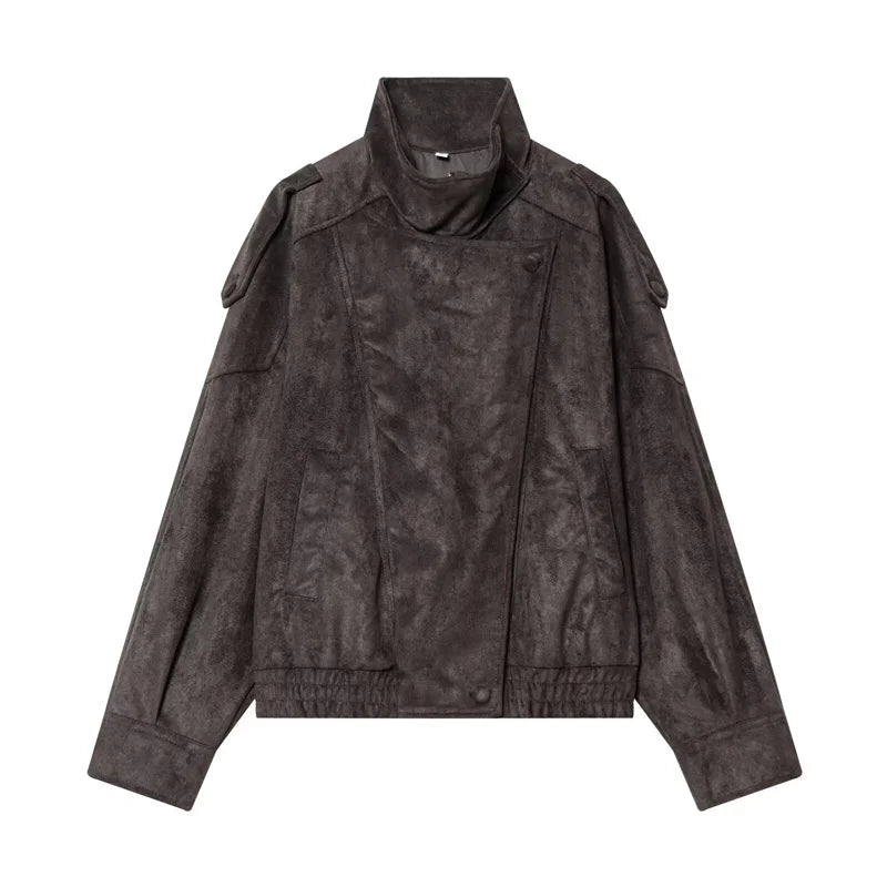 Women's Stand Collar Faux Leather Jacket for Layered Outfits