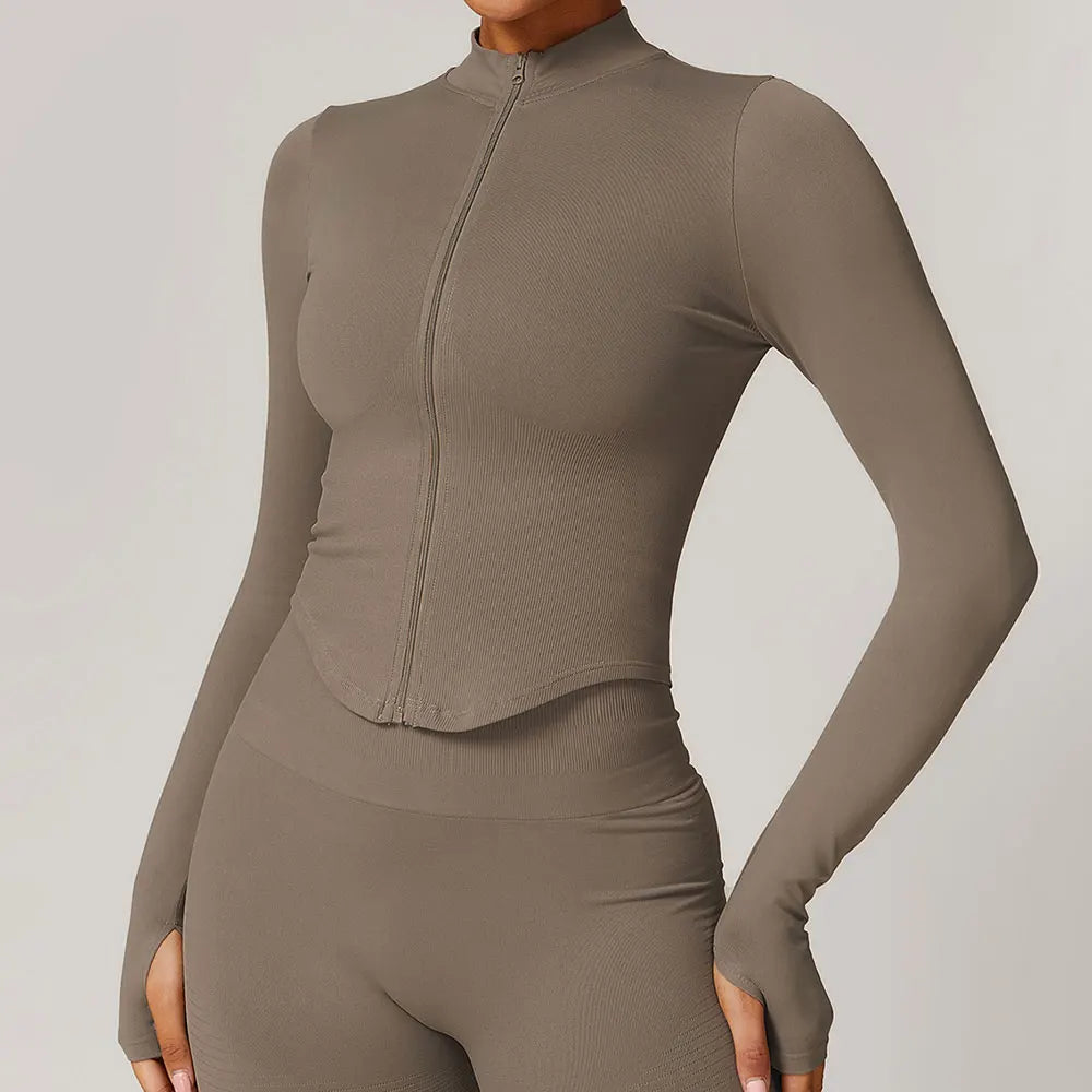 Women's Cropped Stand Collar Zip Front Jacket For Workout Outfits