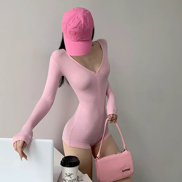 Women's Fitted Long Sleeve Polyester Romper with a V Neckline