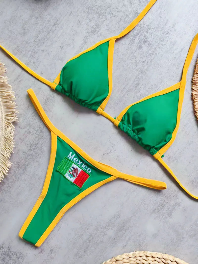 Women's Flag Print Triangle Bikini Top and Tie Side Thong Set