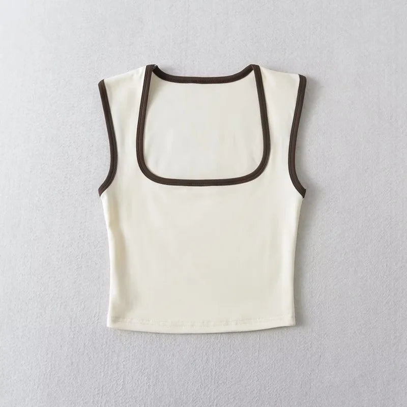 Women's Square Neck Crop Top with Contrast Trim and Cropped Length
