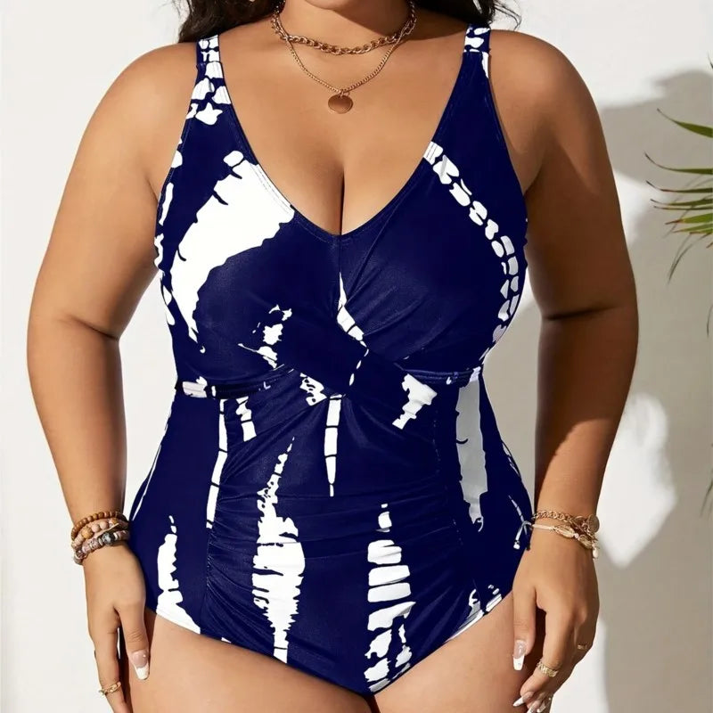 Women's Printed Ruched Front V Neck One Piece Swimsuit