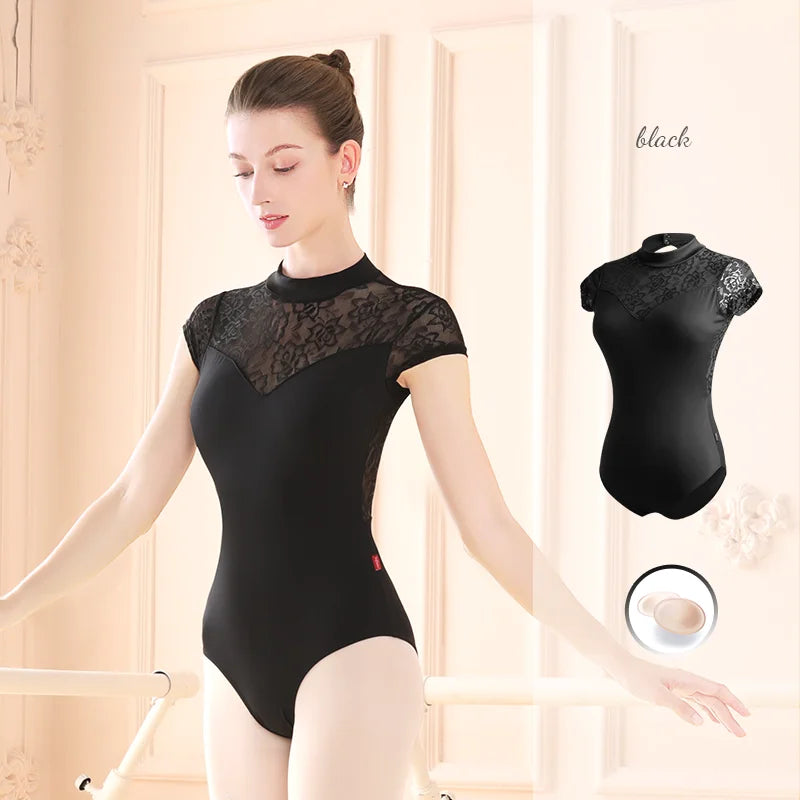 Women's High Neck Ballet Leotard with Lace Panels and Back Cutout