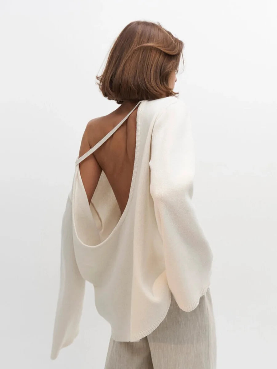 Women's Open Back Strap Batwing Sleeve Sweater Casual Knit Layer