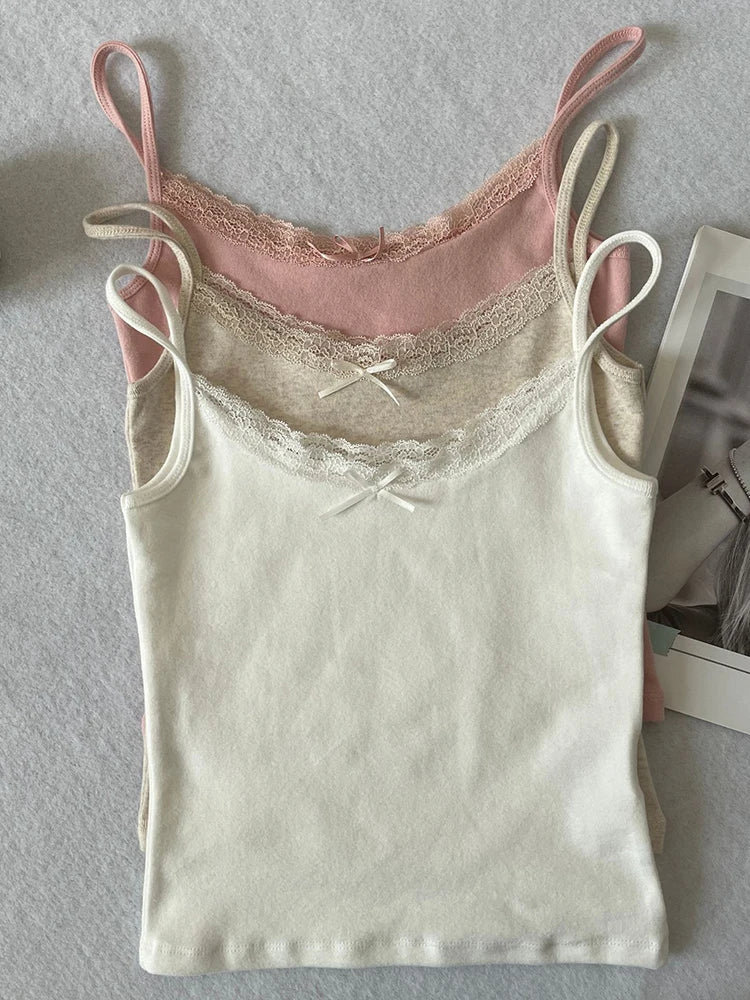Women's Lace Trim Cotton Camisole with Bow Detail and Multiple Pattern Options