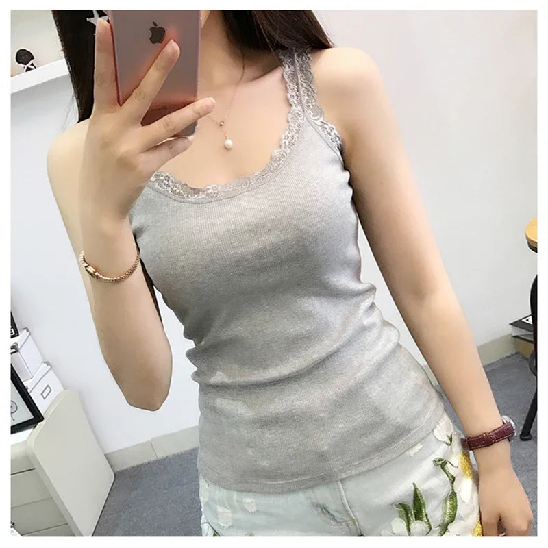 Women's Lace Trim Cotton Blend Tank Top with a Sleeveless Shape