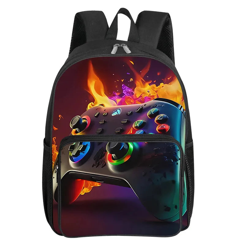 Children's Gamepad Print Backpack with Front Pocket and Twin Shoulder Straps