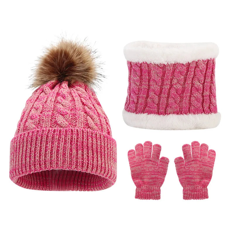 Children's Mixed-Colour Knitted Hat Scarf and Gloves Set for Winter Wear
