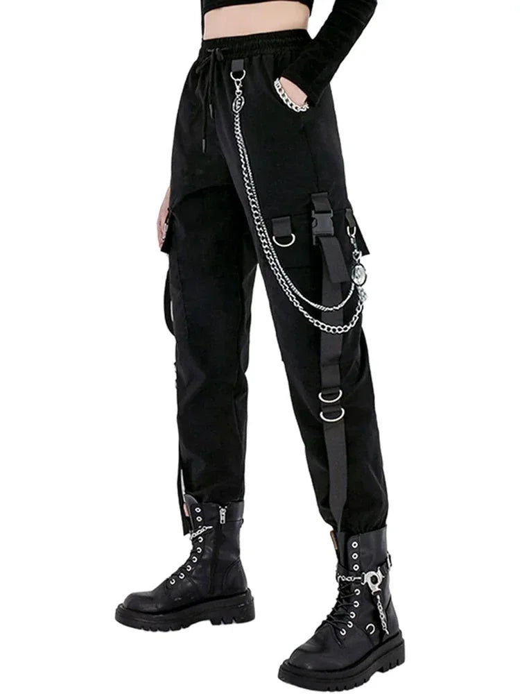 Women's Black Cargo Joggers with Chain and Plain Style Options