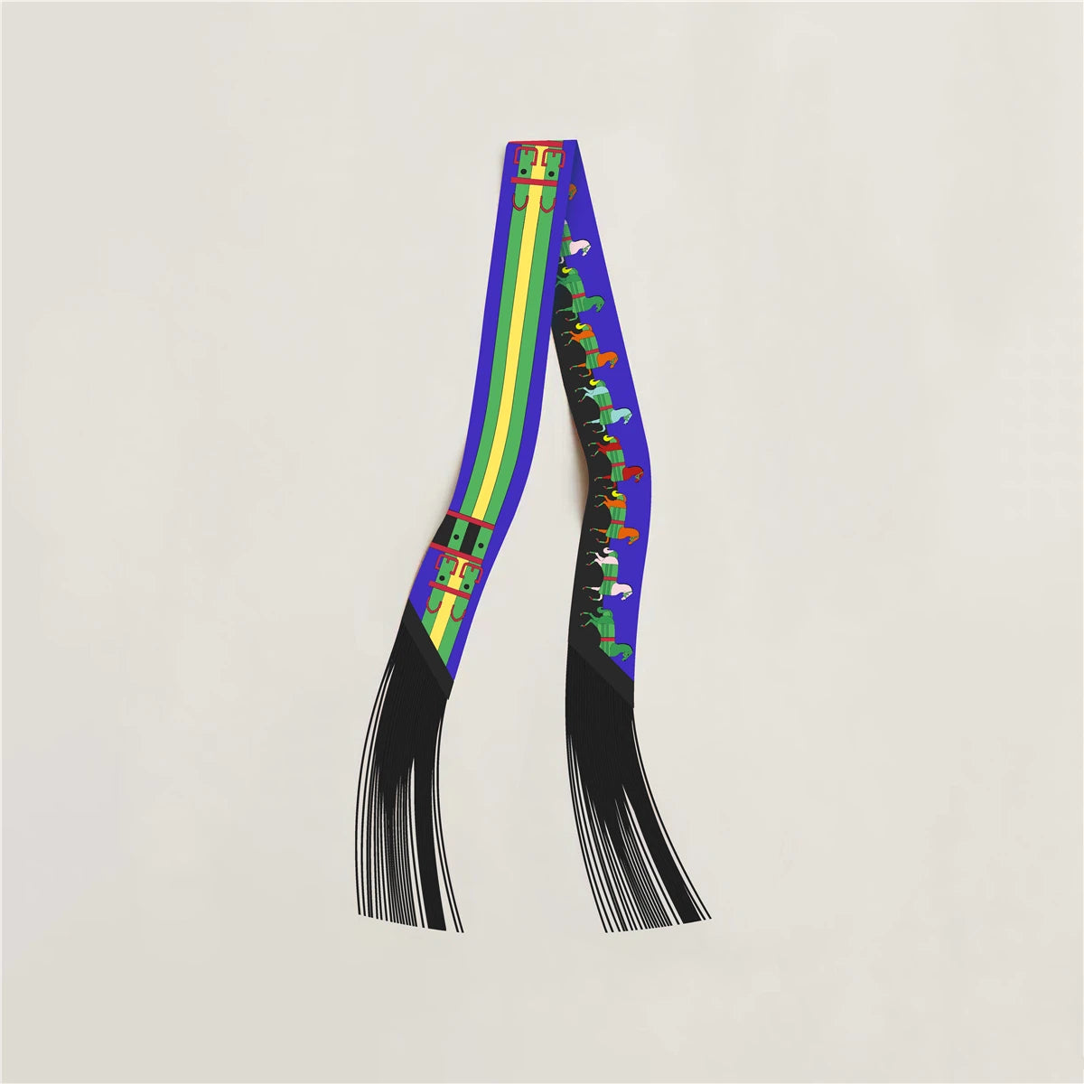 Printed Narrow Ribbon Scarf with Decorative Fringed Ends