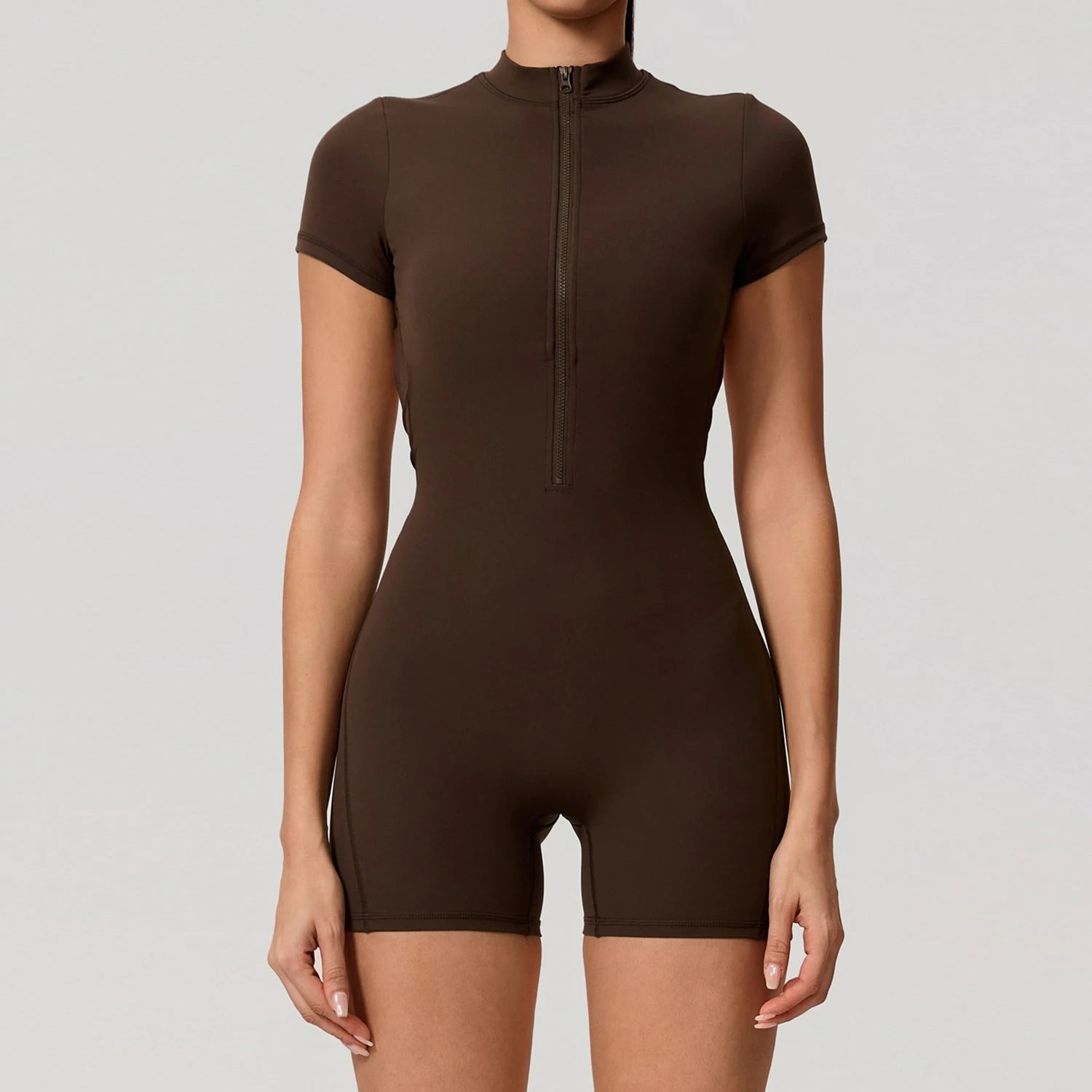 Women's Short Sleeve Nylon Blend Workout Romper with Zipper and Back Cutout