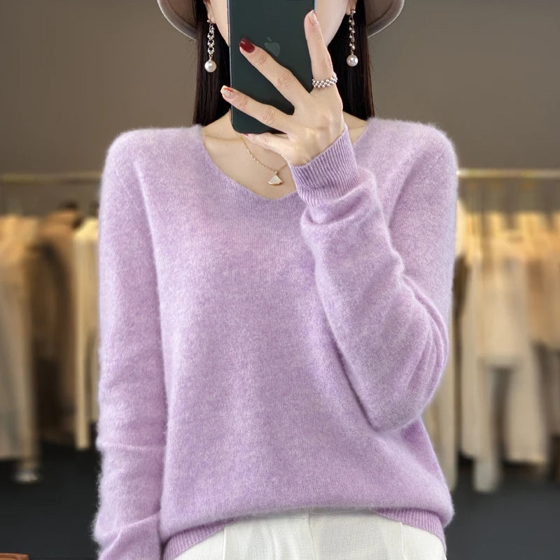 Women's V Neck Long Sleeve Sweater Casual Knit Layer