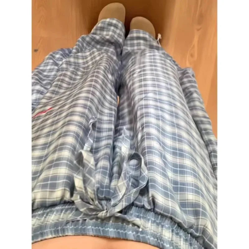 Women's Blue Check Pants with Drawstring Waist and Wide Legs
