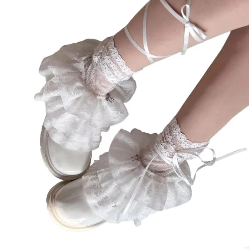 Ruffled Lace Ankle Leg Warmers with Ribbon Tie Details