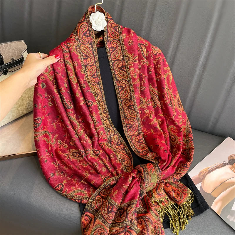 Paisley Floral Print Long Scarf with Fringed Ends