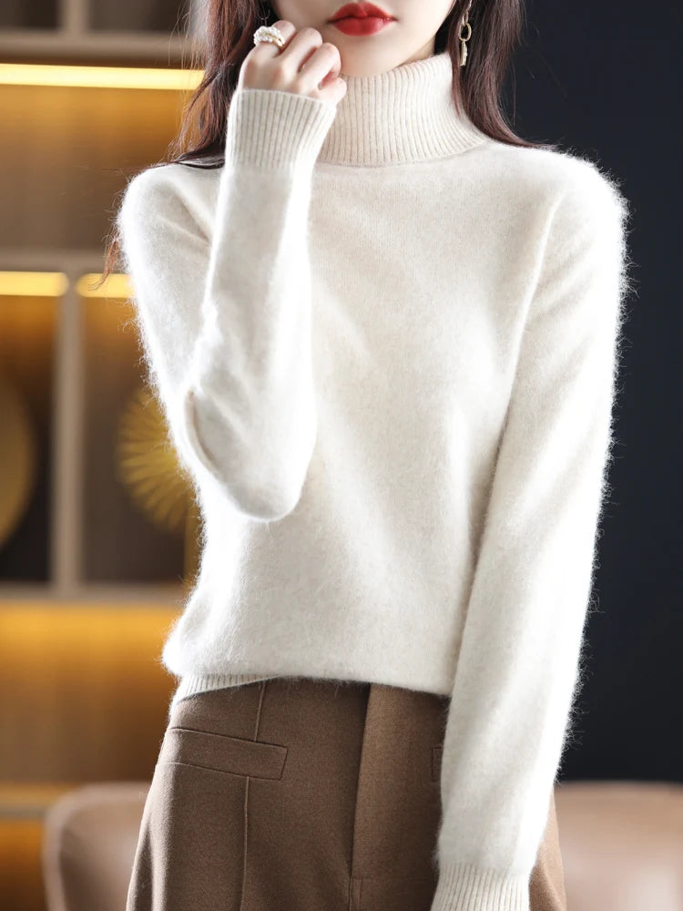 Women's Plain Roll Neck Long Sleeve Sweater Casual Knit Layer