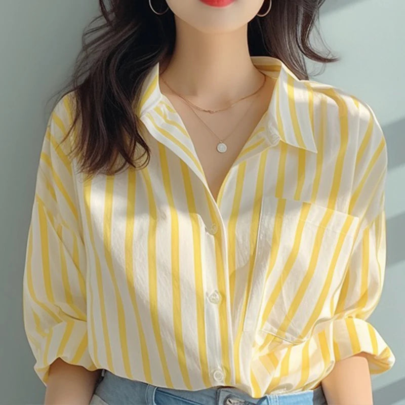 Women's Striped Collared Long Sleeve Shirt