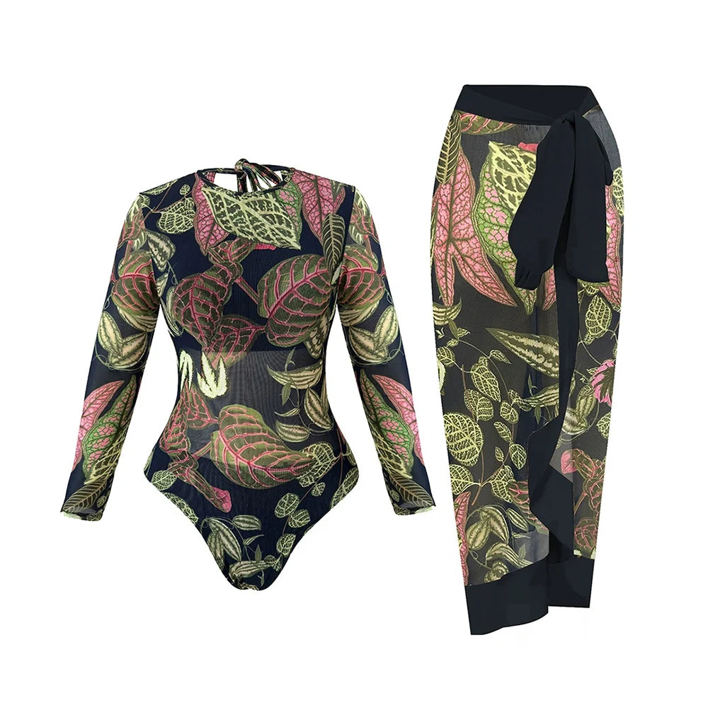 Printed Long Sleeve Swimsuit with Matching Skirt