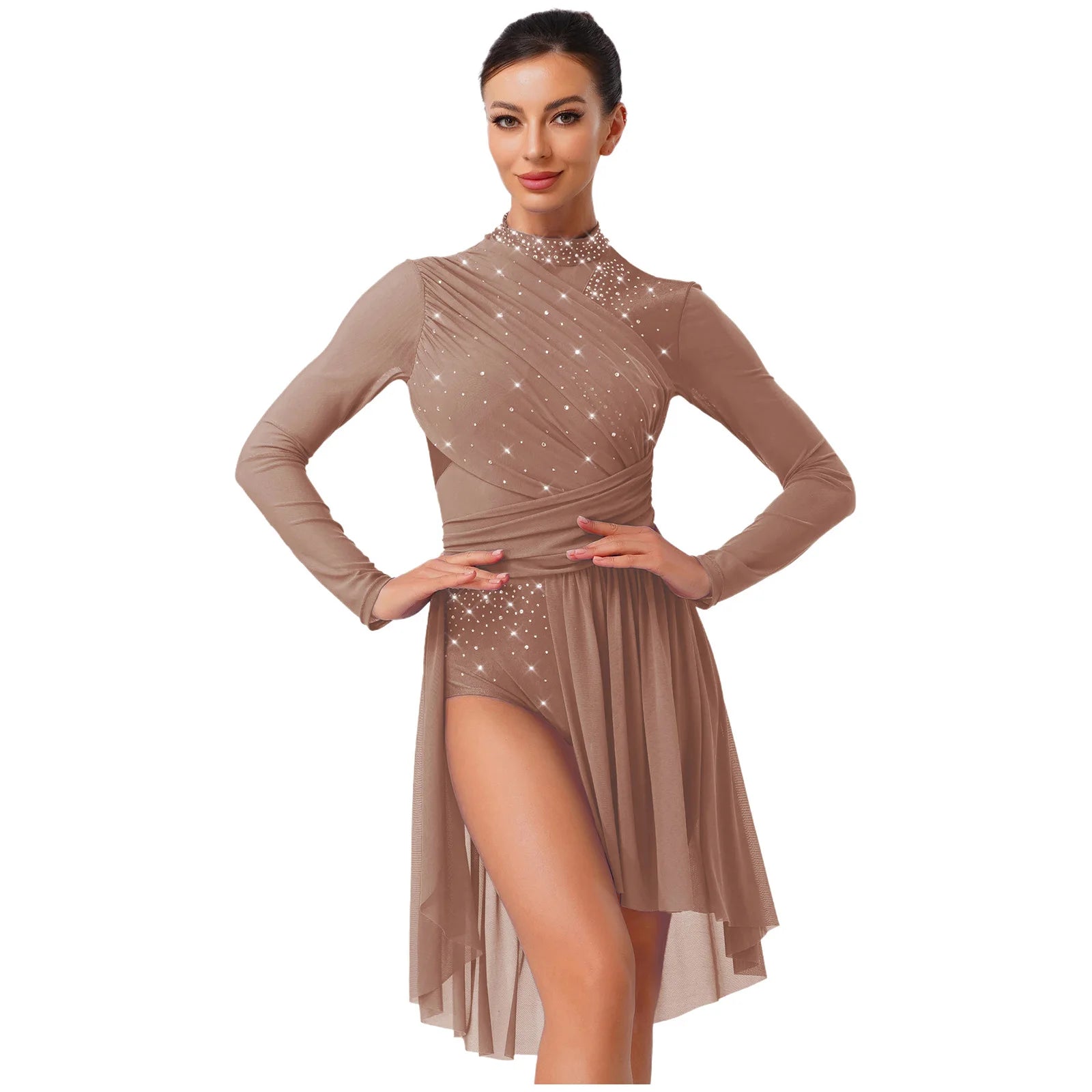 Women's Long Sleeve Rhinestone Dance Dress with Open Back and Split Skirt