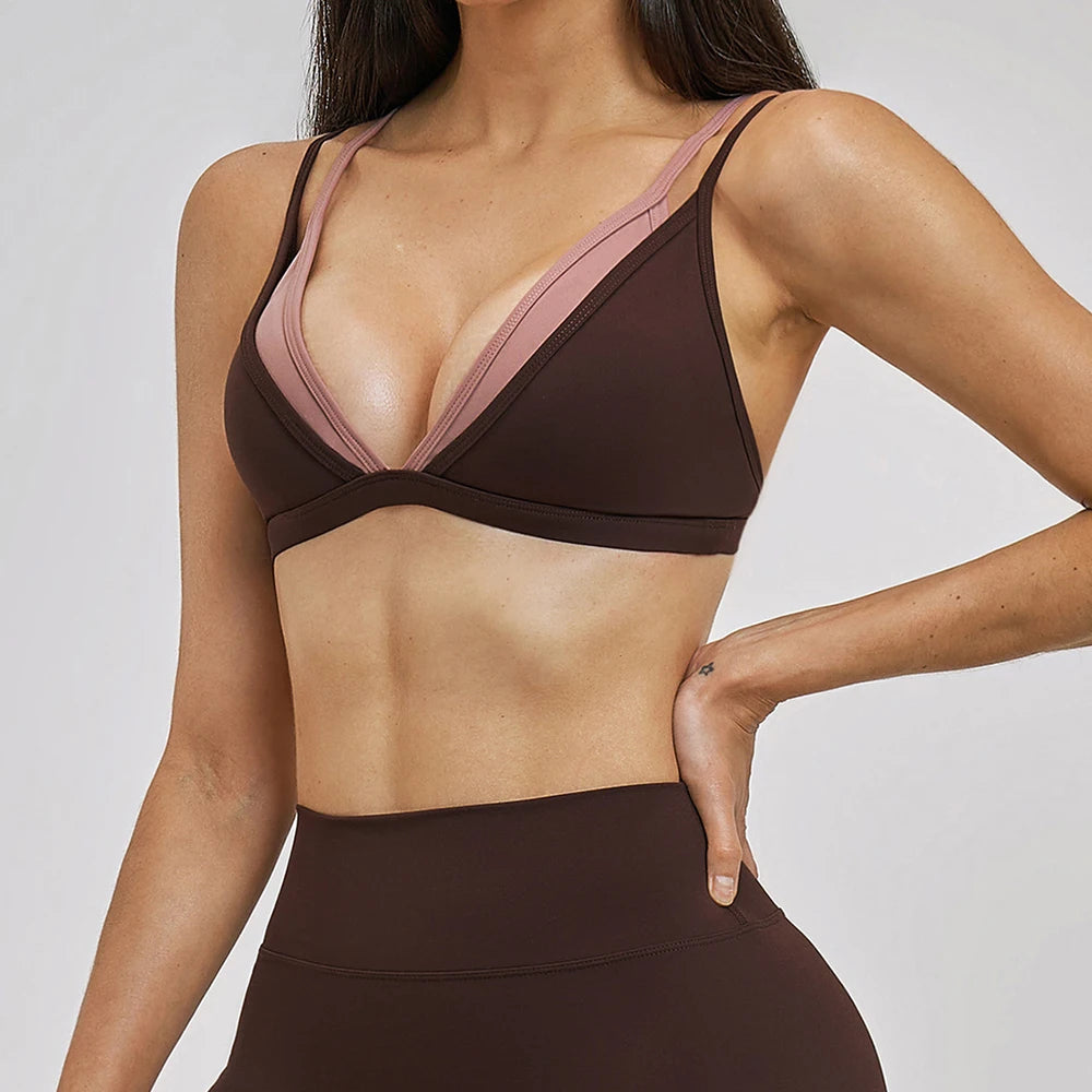 Women's Contrast Strap V Neck Sports Bra