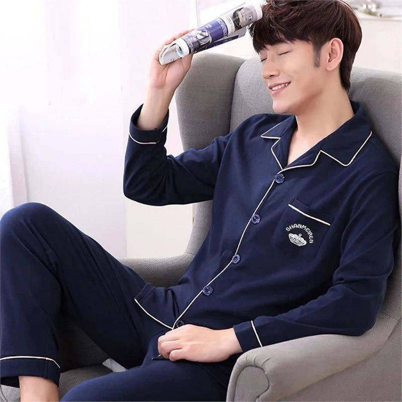 Men's Striped Button Front Long Sleeve Shirt and Pants Pajama Set