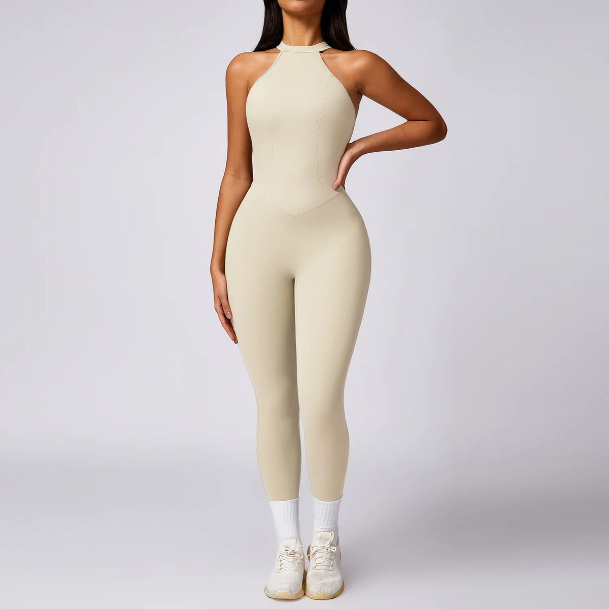 Women's Halter Neck Nylon Blend Workout Jumpsuit with Low V Back