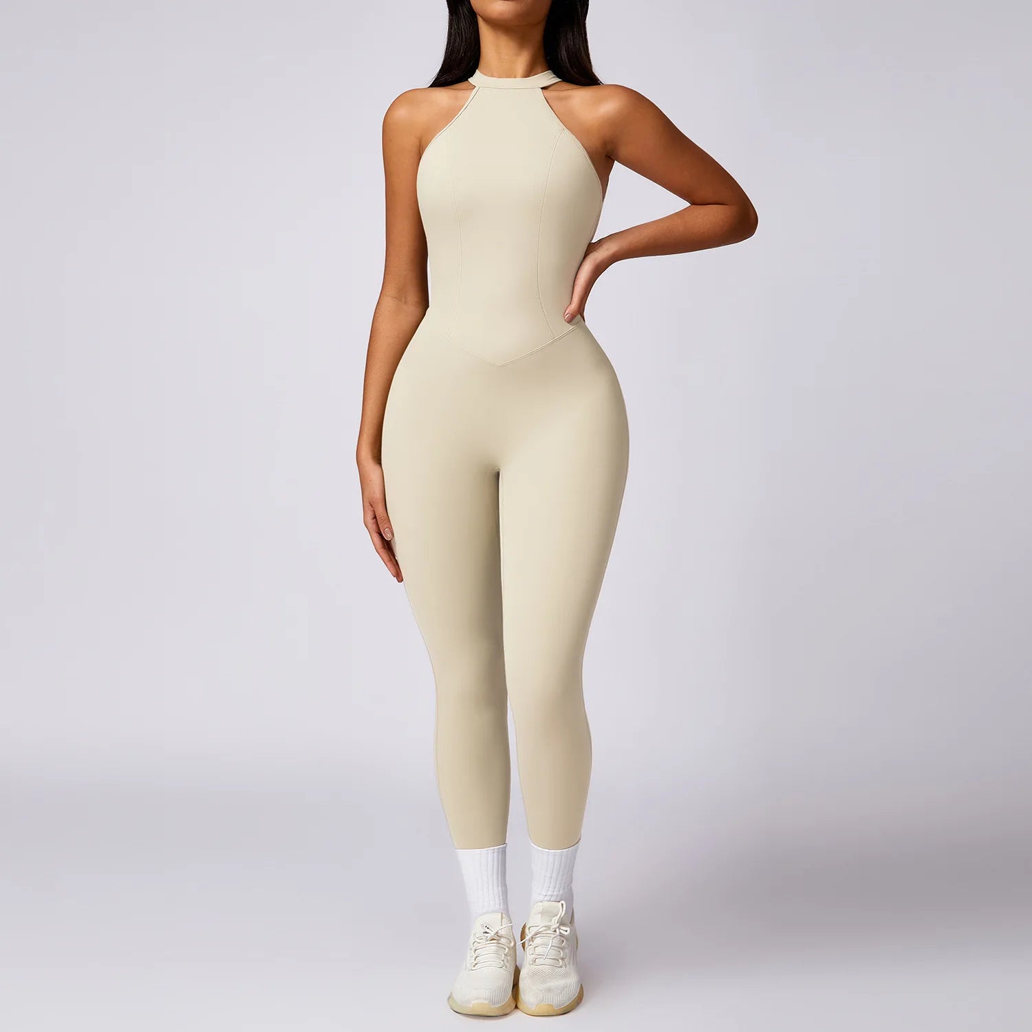 Women's Halter Neck Nylon Blend Workout Jumpsuit with Low V Back